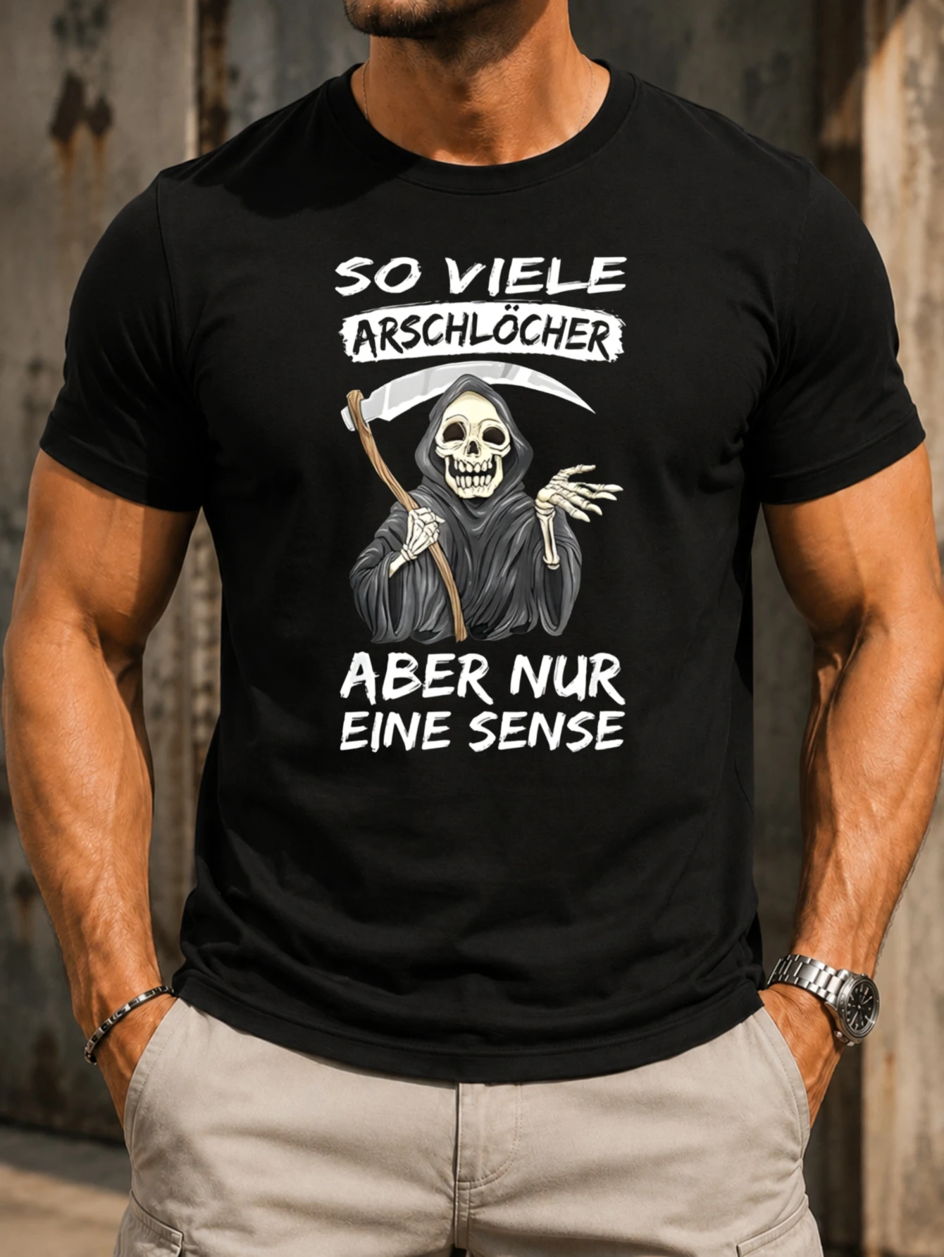 German dark joke with grim reaper skeleton holding a scythe graphic with vivid centered artwork and  Unisex All T-Shirt