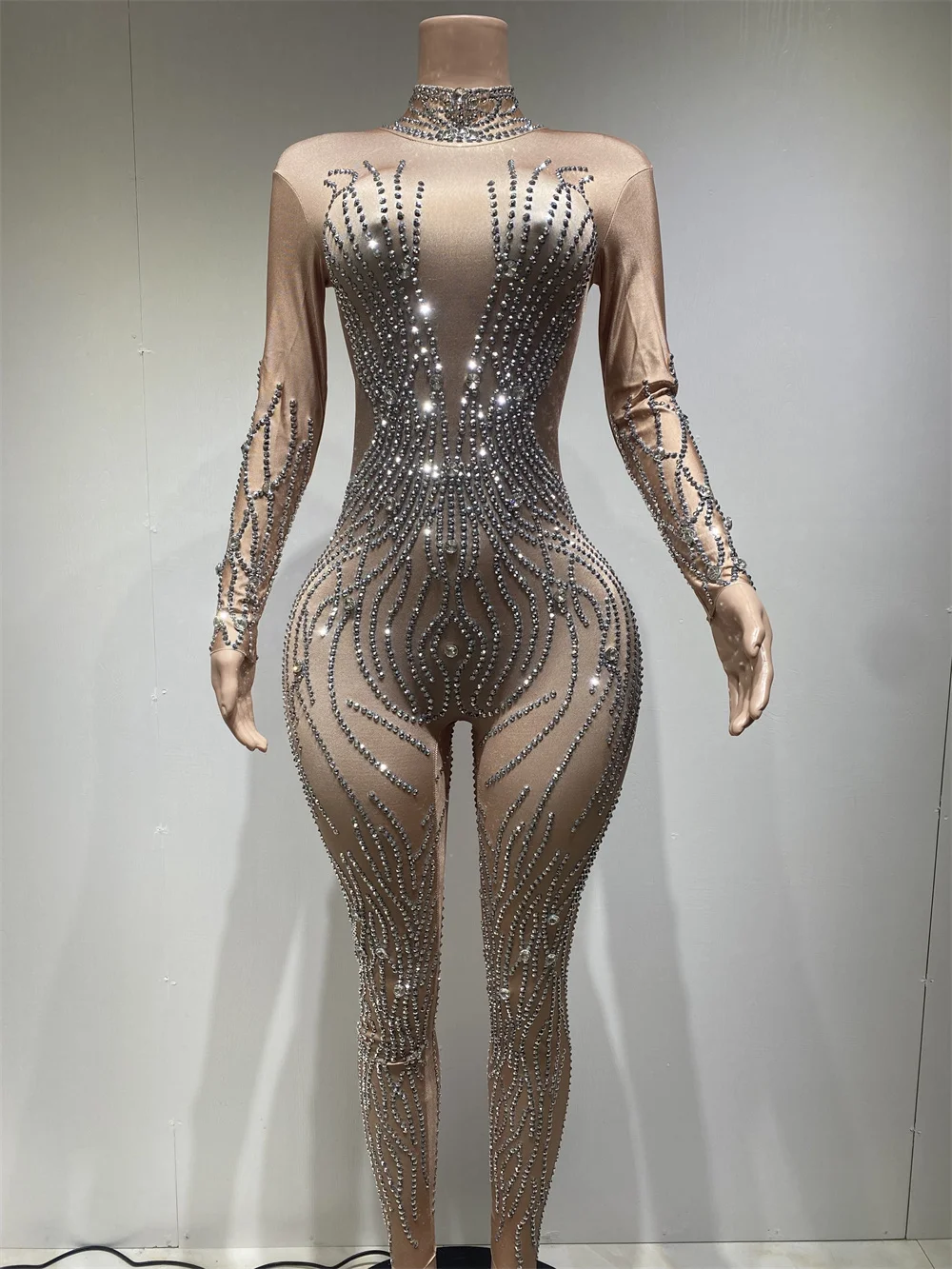 

Women High Stretch Long Sleeve Jumpsuit Elegance Diamonds Sparkle Skinny Nightclub Bar Party Outfit Performance Dance Costume
