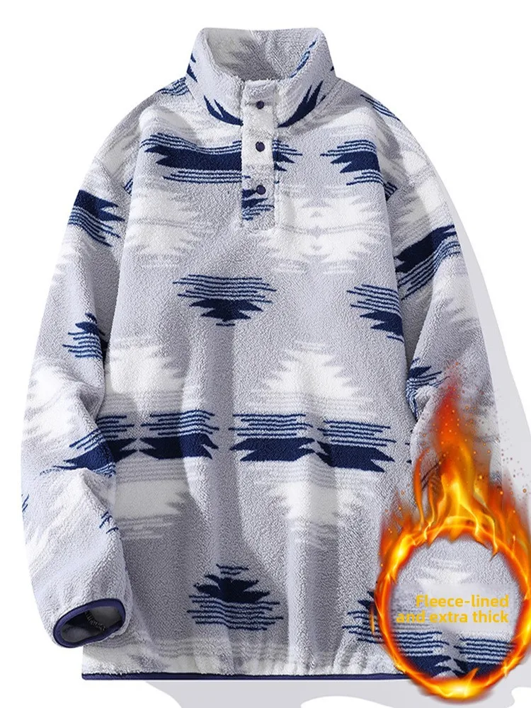 

Утепленная флисовая толстовка с воротником-стойкой, полуоткрытая, вязаная, зимняя, для активного отдыха, очень теплая, повседневная, с длинными рукавами, с принтом, базовая модель