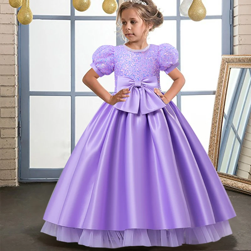 Vestido largo de satén con manga de burbuja y cuentas para niña, traje Formal de princesa para fiesta de graduación y noche, 3-10T