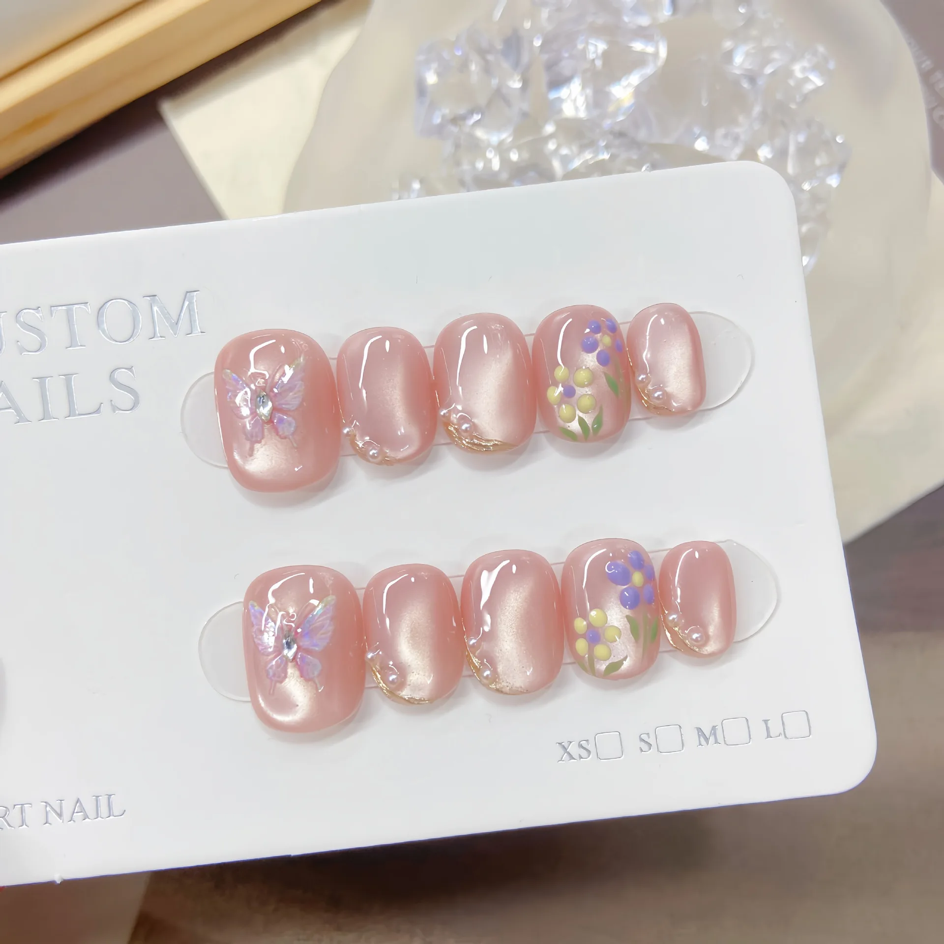 

10pcs Handcrafted Ballet-Style Press-On Nails Set - Short Light Pink Bow Cat Eye with Sparkling Flowers & Pearls for Women/Girls