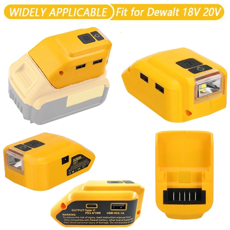 dewalt 18v 20v conversor adaptador de bateria com porta de saida usb tipo c fonte de energia portatil adaptador com 140lm led work light 01