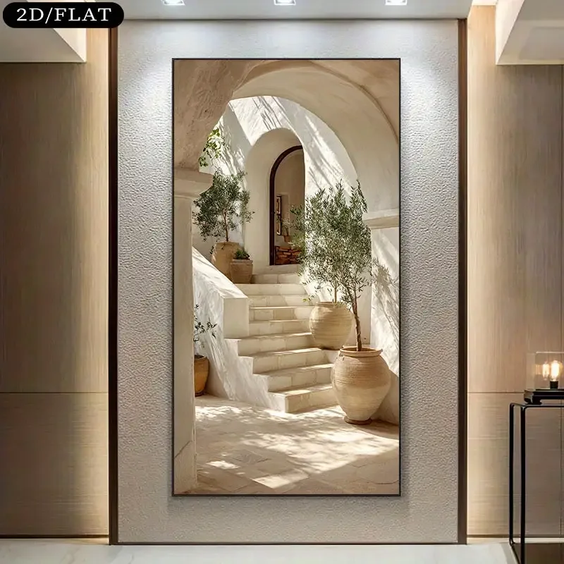(1PC Unframe)2D Flat Large Frameless Mediterranean Canvas Wall Art Print - 27.5x15.51 inches Modern Beige and White Greek Island