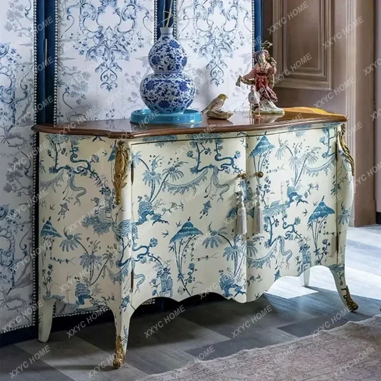 AA home retro entrance cabinet blue and white porcelain hand-painted decorative cabinet painted side cabinet high-end