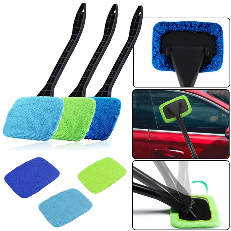 Car Window Windshield Brush Car Window Wiper Home Auto Window Cleaner Long Handle Car Washable Brush Clean Tool with 2pcs Cloth