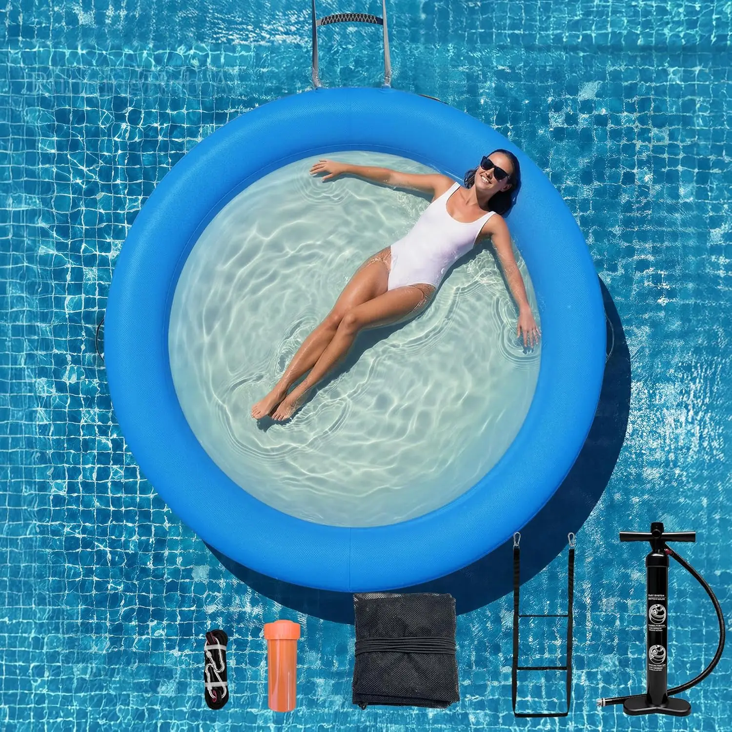 Inflatable Water Hammock Float Ring with Mesh Deck, Heavy Duty Raft Sunchill Platform for Ocean Lake Swimming Pool, 8/10/12 FT