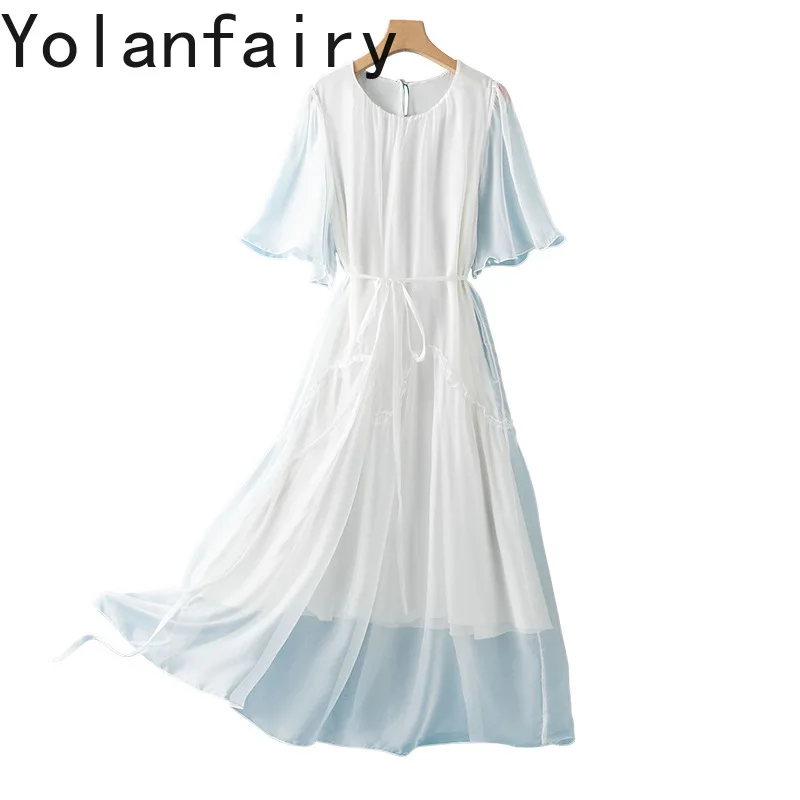 YOLANFAIRY New OL White Dress Women's Clothes 100% Real Mulberry Silk Dresses 2026 Woman Summer Elegant Beach Dress Srteetwear