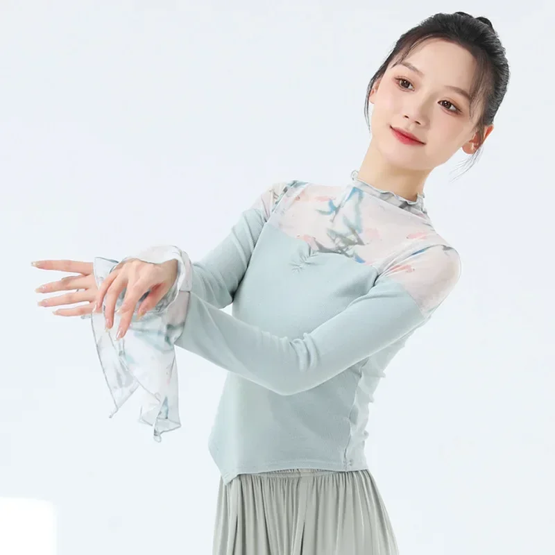 Modern dance practice clothes women's summer splicing water sleeves new dance clothes slim mesh classical dance Chinese