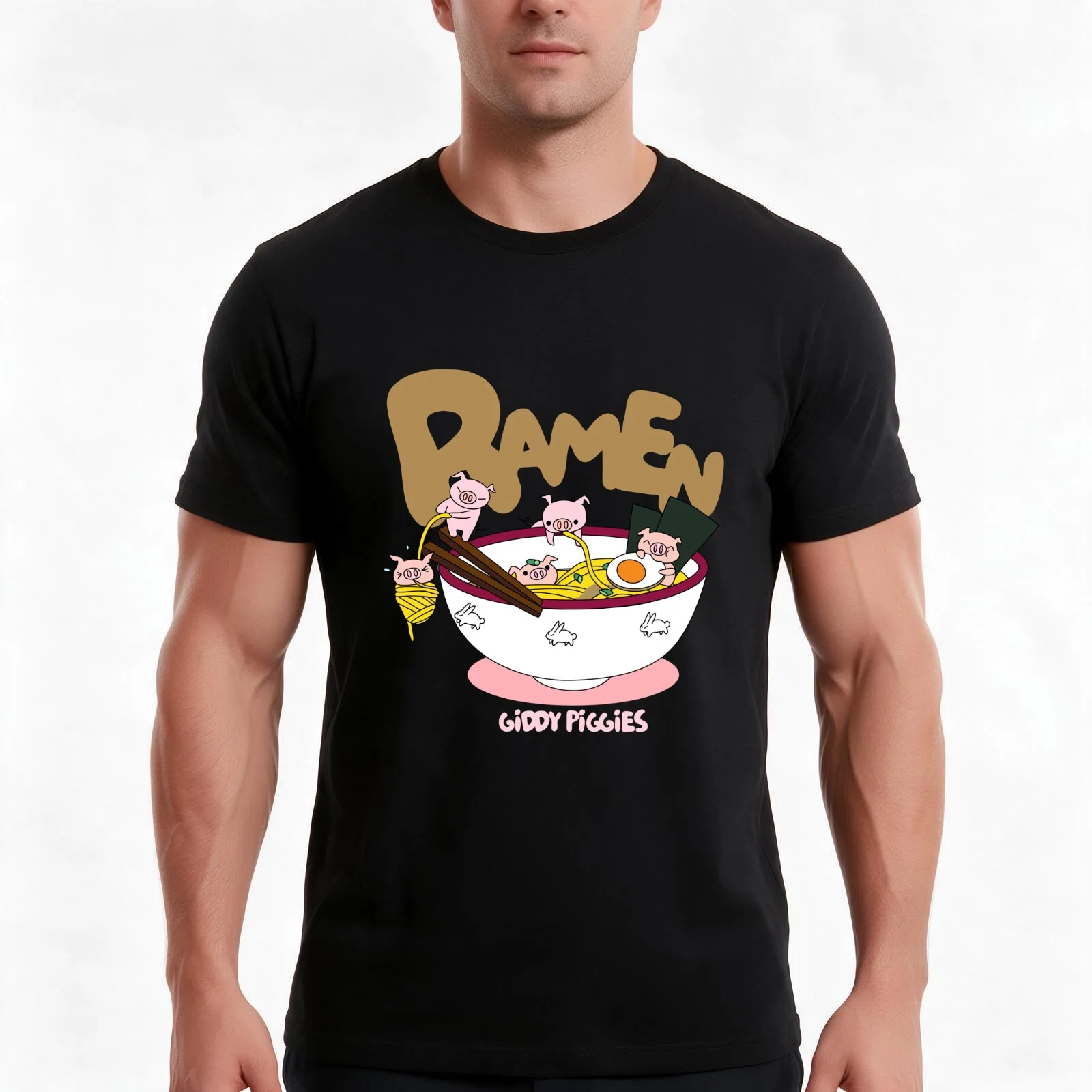 Giddy Piggies Ramen Time T-Shirt, Summer Casual Cotton Tee, Oversized Streetwear Tops, Vintage Graphic Print, Unisex Men Women