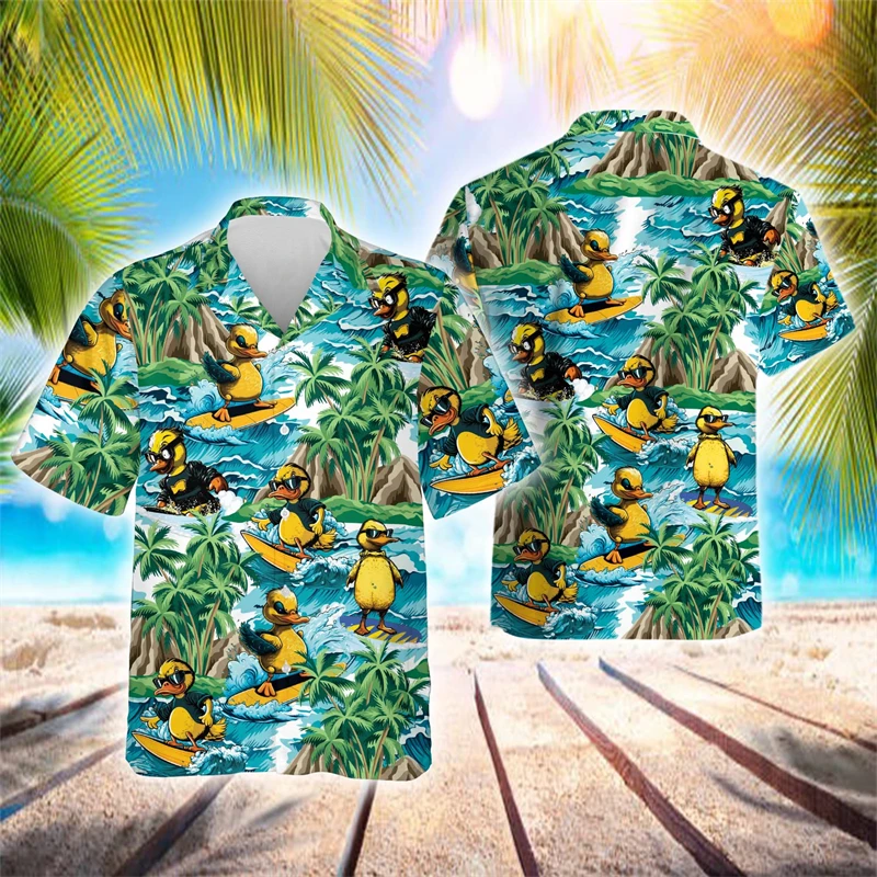 

2024 New Summer Surfing Cat Duck Graphic Shirts For Men Clothes Cartoon Animal Cow Dog Short Sleeve Cute Hawaii Beach Shirt Top