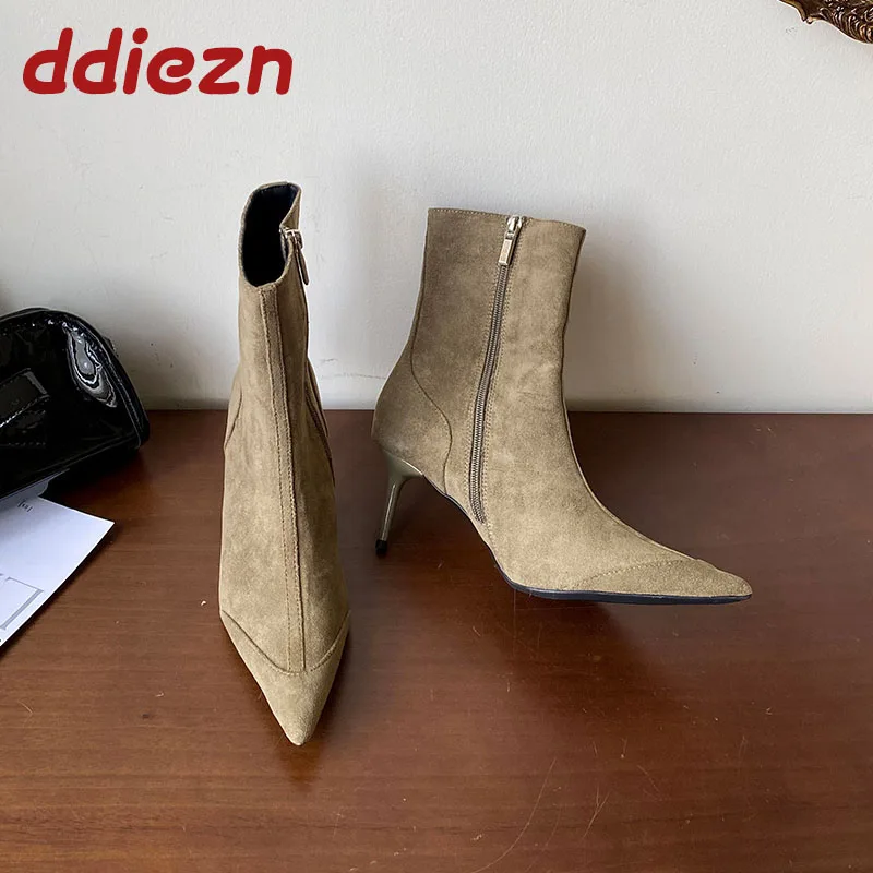 

Модные женские ботильоны на молнии на каблуке, женская уличная обувь, женские ботильоны с острым носком, обувь на каблуке