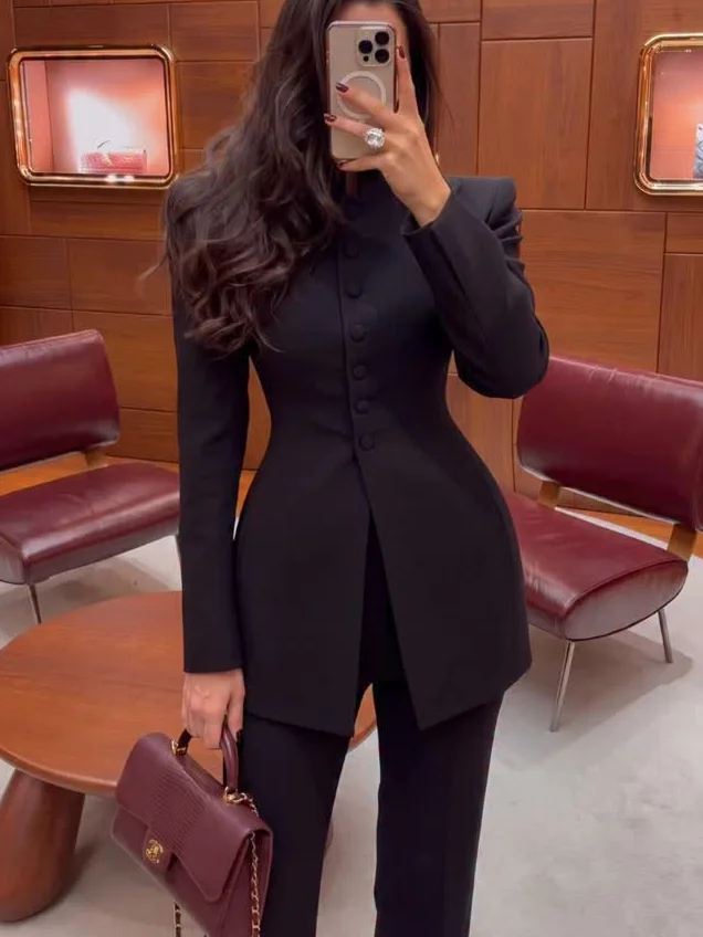 Women 2 Piece Suit Mandarin Collar Long Blazer Flare Pants Set Slim Waist Button Formal Business Evening Wedding Customized - view 2