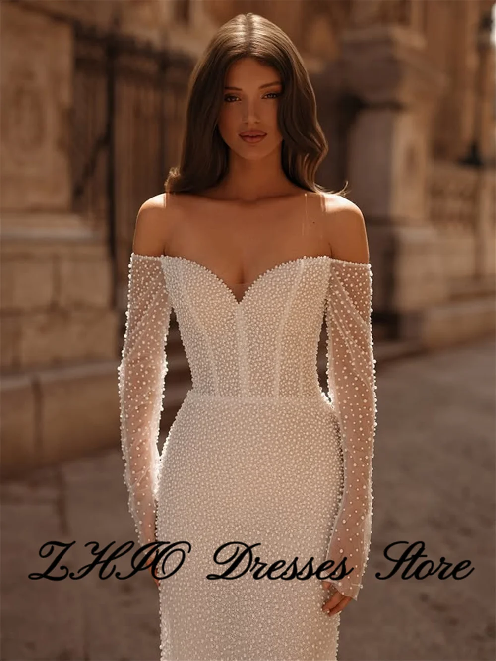 ZHIO-Vestido de novia de lujo con cuello en V, encaje con cuentas, mangas largas, drapeado, cola de barrido, sirena, trompeta, Vestido de novia personalizado