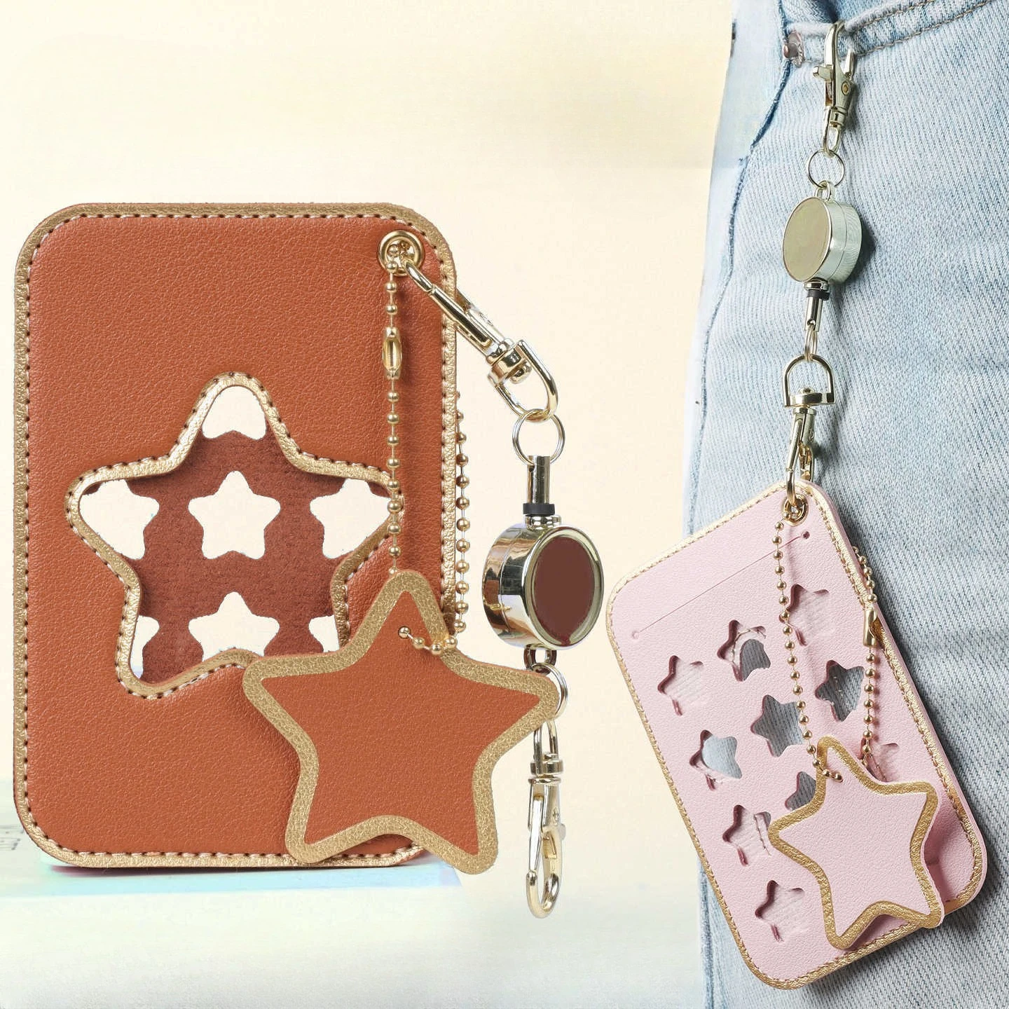 

Держатель для бейджа сотрудника со шнурком Прочный кожаный чехол для кредитных карт с полой звездой для сотрудников контроля доступа и бирки с именами