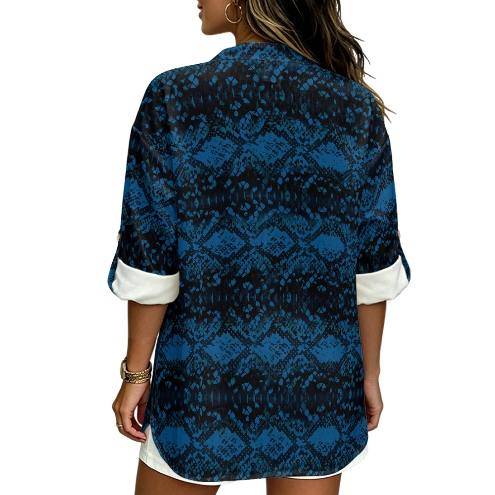 PENSTROLL Blue Texture Linen Like Notch V Neck Blouses for Daily Wear Curved Hem V Neck Tunic Blouses Women's Shirts