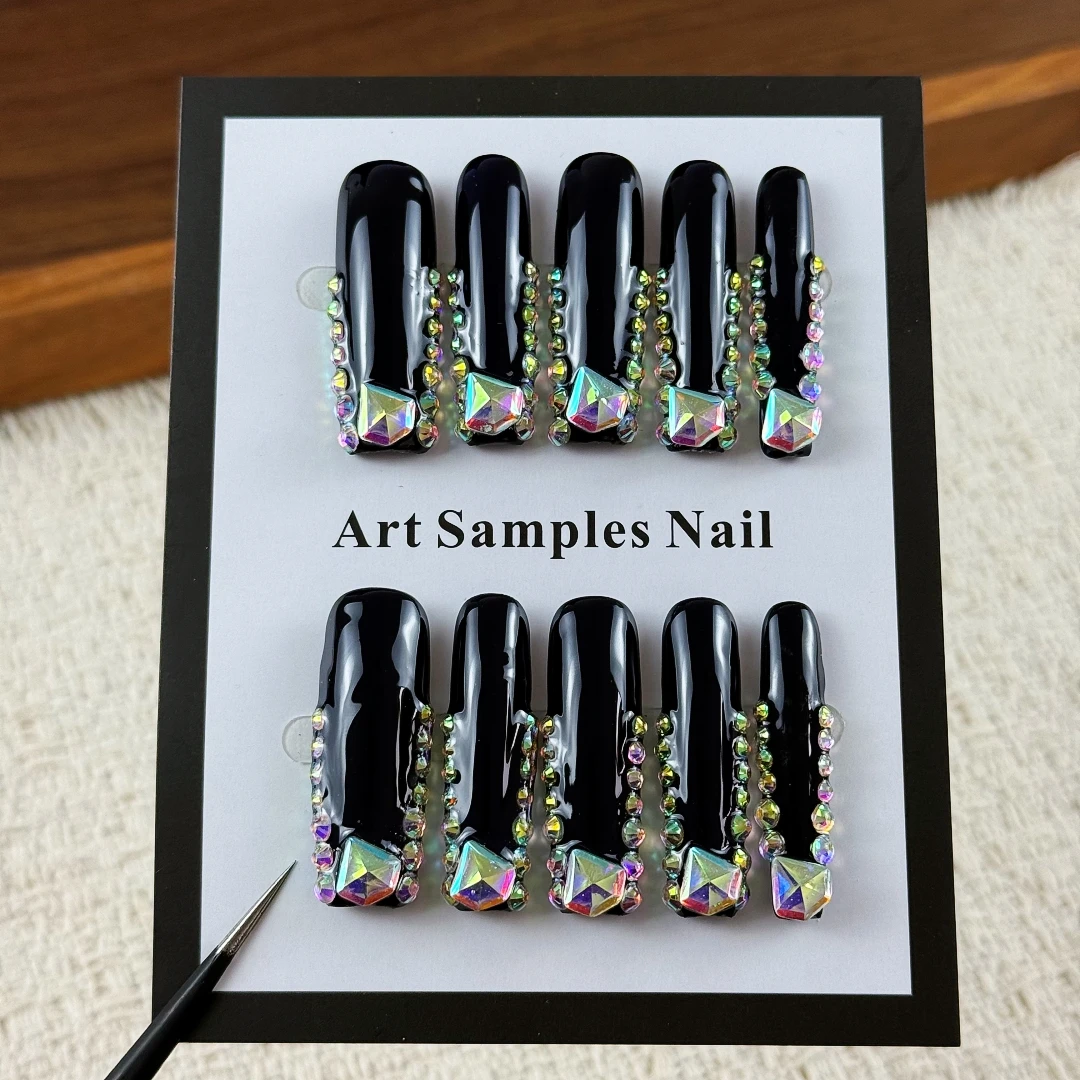 

10 шт. высококачественных накладных ногтей в стиле Dark Girl, с ручной росписью, объемными стразами и эффектом множества бриллиантов, ручной работы.