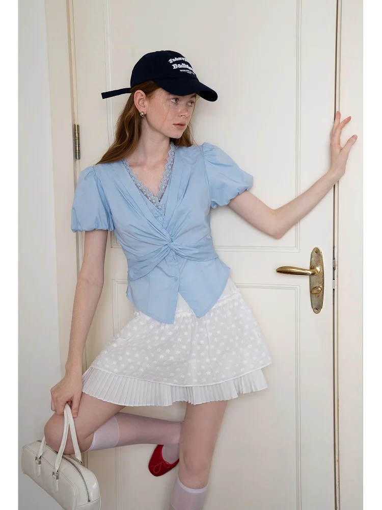 

Eggka Lace Knot ort Sve irt Design Slim Fit Waist Cinching V-Ne Top French Sle Polyester Bubble Sve Breathable ...
