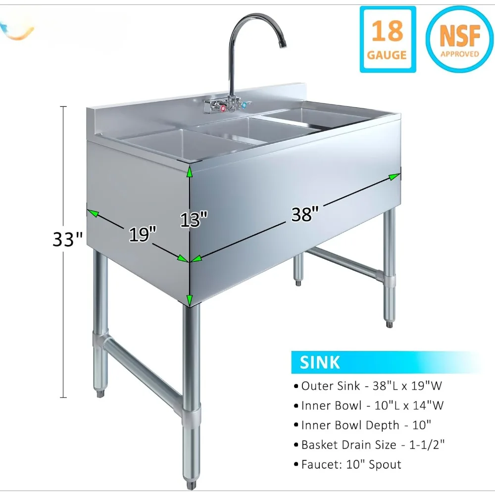 Zlewozmywak ze stali nierdzewnej, |   NSF (rozmiar zlewu: 38" x 19", trzy miski + kran), zlewozmywaki kuchenne