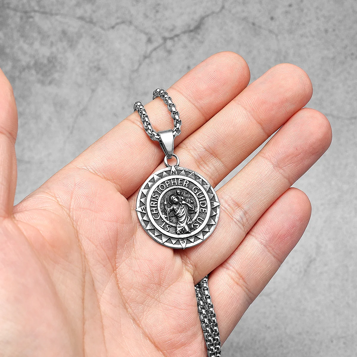 St Christopher Pendant Stainless Steel Necklace Compass Amulet Men Chain Rock Punk Party for Rider Male Jewelry Gift Wholesale view 3