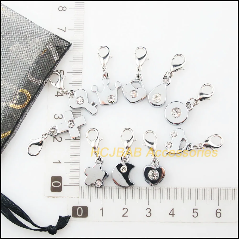 10Pcs Retro Tibetan Silver Plated Heart Cross Star Crown Teardrop Moon Charms Pendants With Lobster Claw Clasps