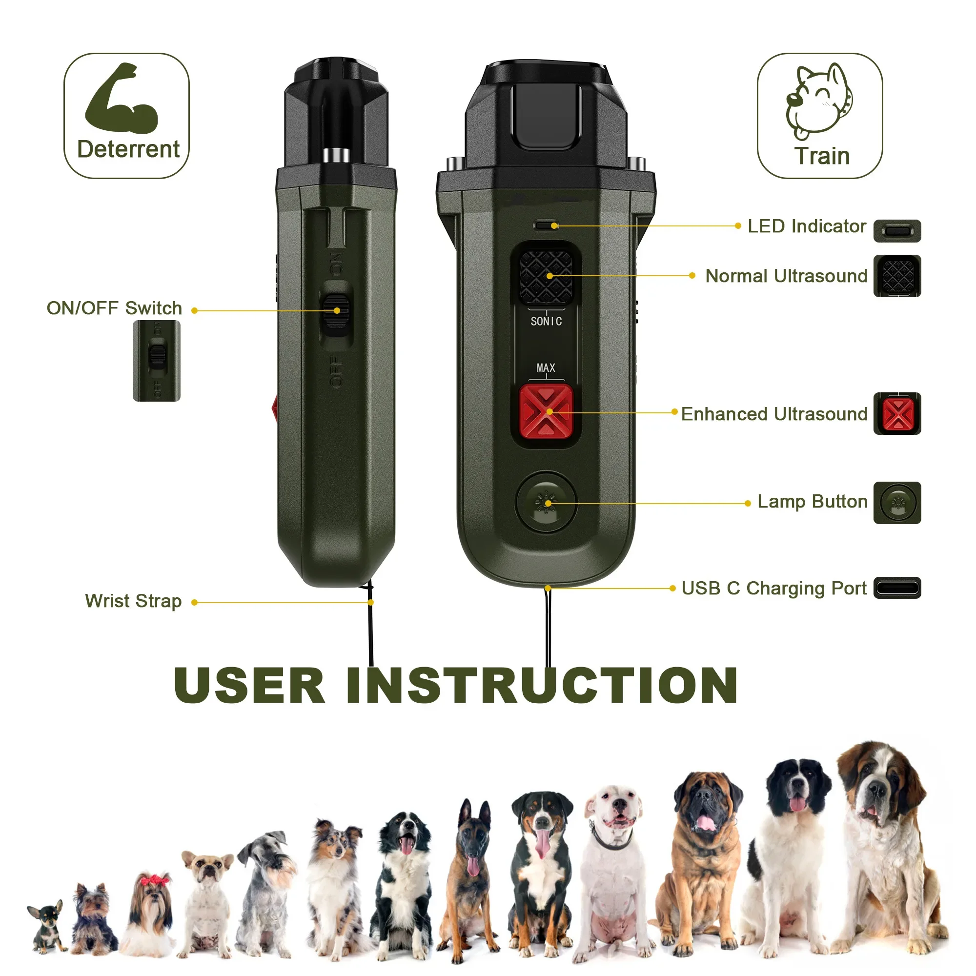 2 in 1 Waterproof Ultrasonic Dog Repeller Pet Clicker Deterrent Anti-Barking Dogs Training W/ Flash Long Standby Dog Accessories