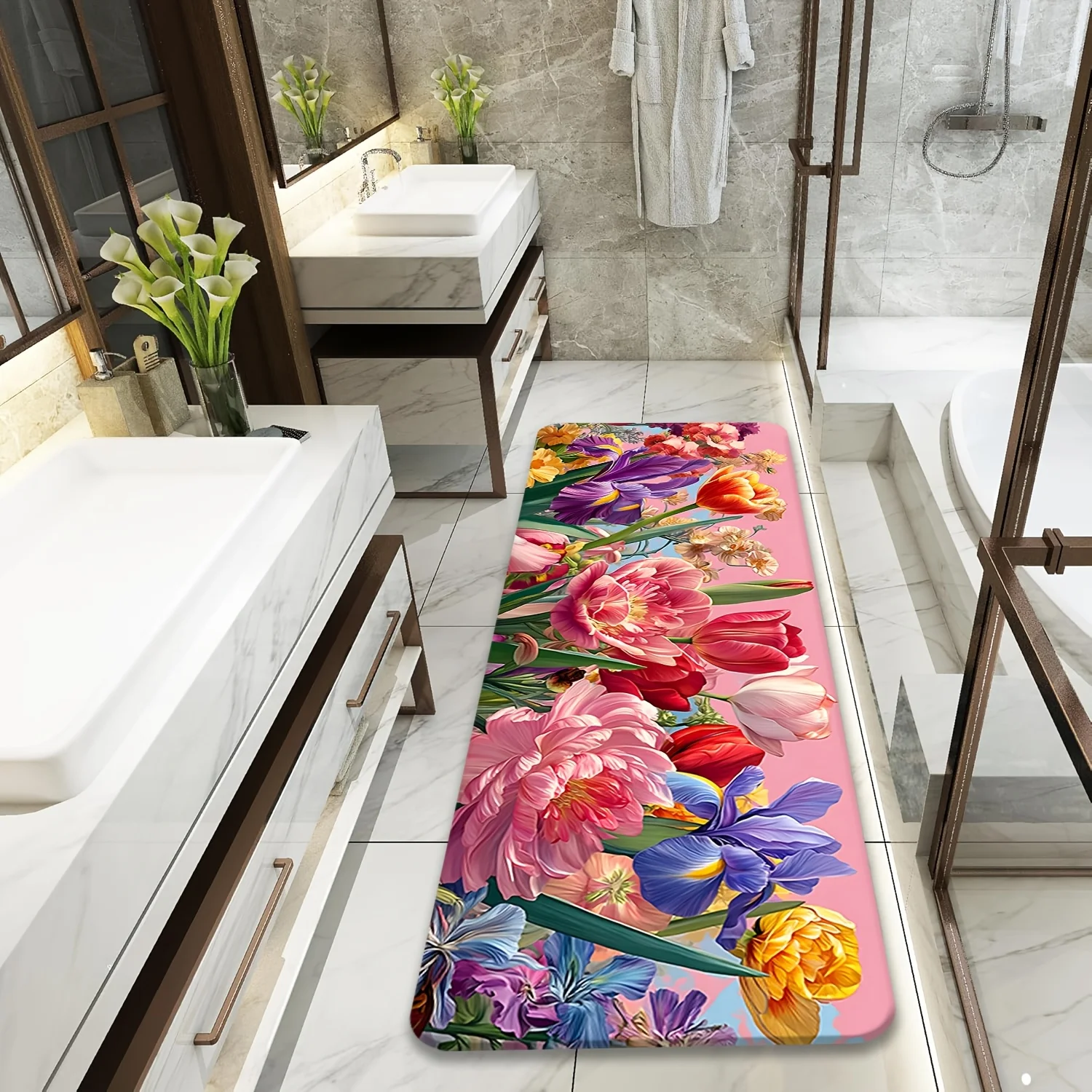 ink Base Colorful Tulip Peony Runner Mat Anti Slip Absorbent Rug Vibrant Mixed Floral Print Carpet for Laundry Kitchen Bathroom