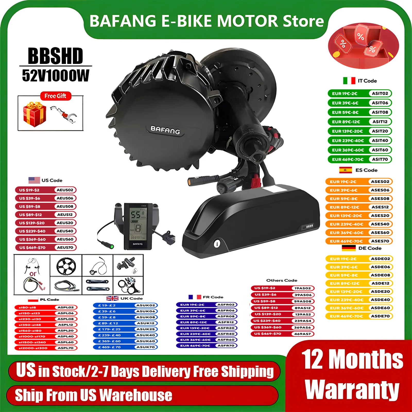 BAFANG BBSHD 1000W 52V Mid Drive Motor Bicycle Electric Bike Conversion Kit with 52V 20AH Battery for E-bike