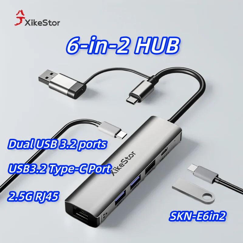 

6-in-2 USB-A+C HUB to 2.5G RJ45/USB/Type-C Docking Stationr