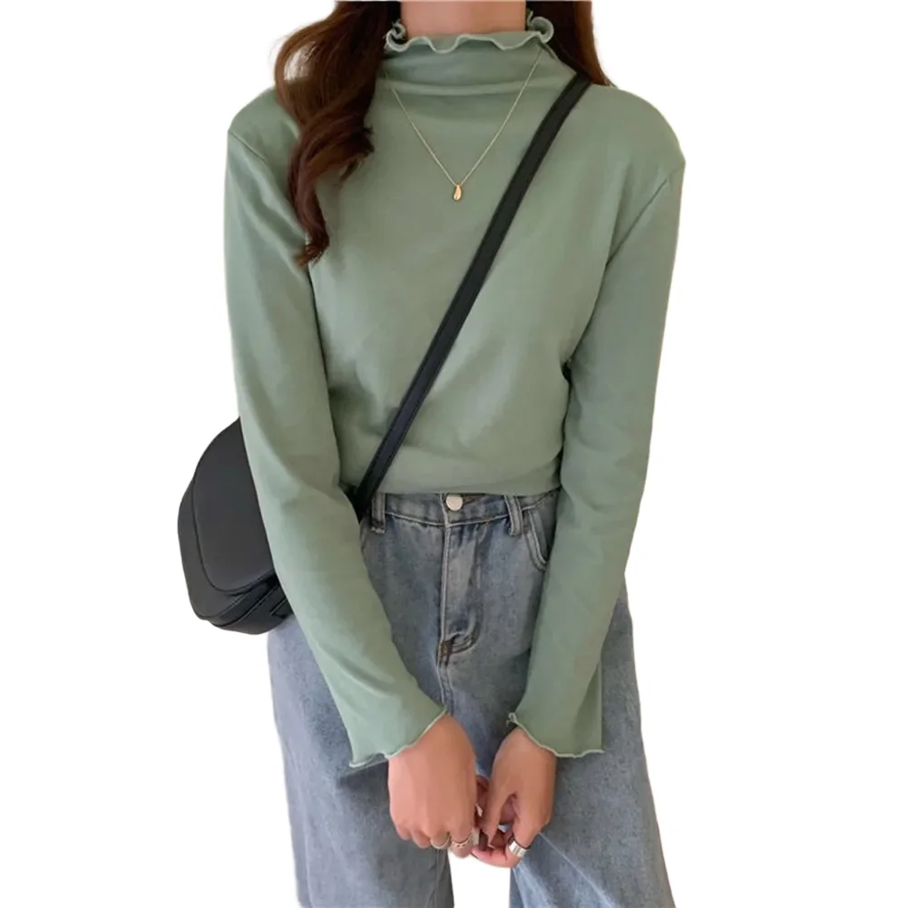Women Long Sleeve Solid Ruched Half Turtleneck Pullover Basic Warm Top For Spring Autumn Casual Party Daily Wear T Shirt