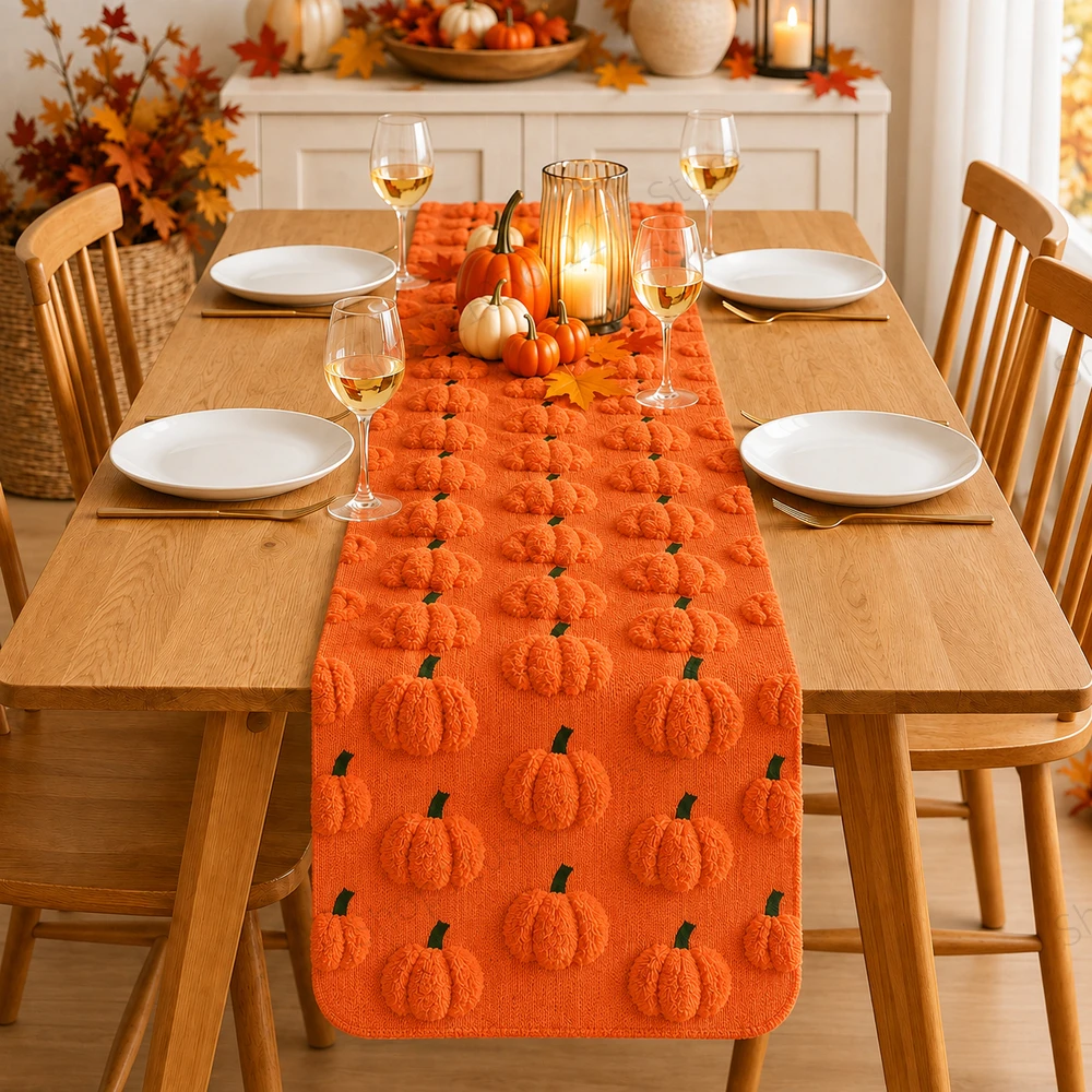 3D Pumpkin Table Runner, Soft Chenille Fall Table Decor for Thanksgiving Halloween Dining Table, 33x233/275 cm, 5 Colors, Autumn
