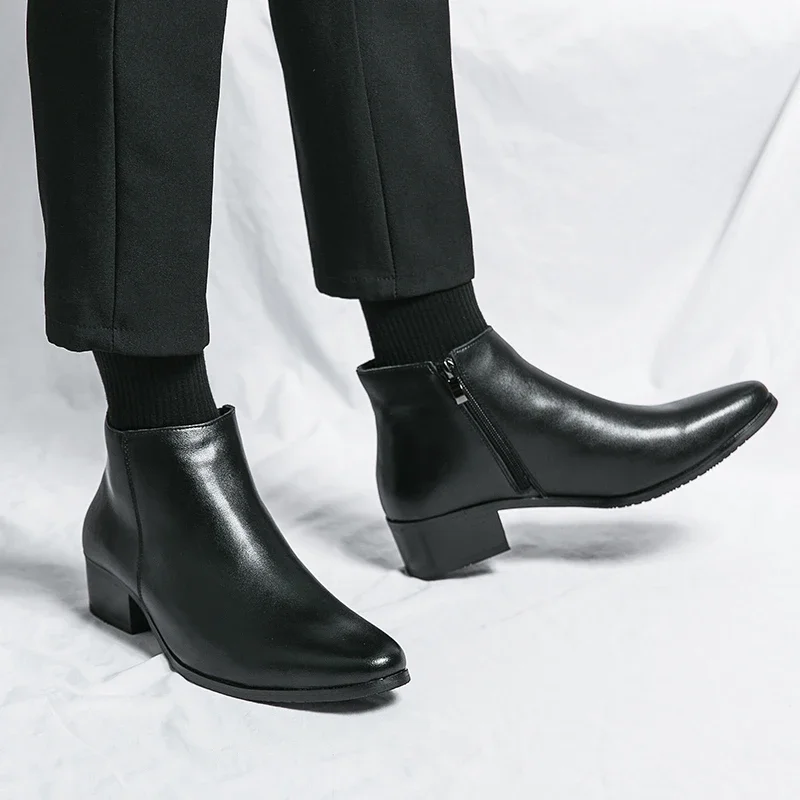 Klassische schwarze Leder-Stiefeletten für Herren und Damen im britischen Stil, Chelsea-Stiefel mit spitzer Zehenpartie, bequeme High-Top-Schuhe – Detail 15