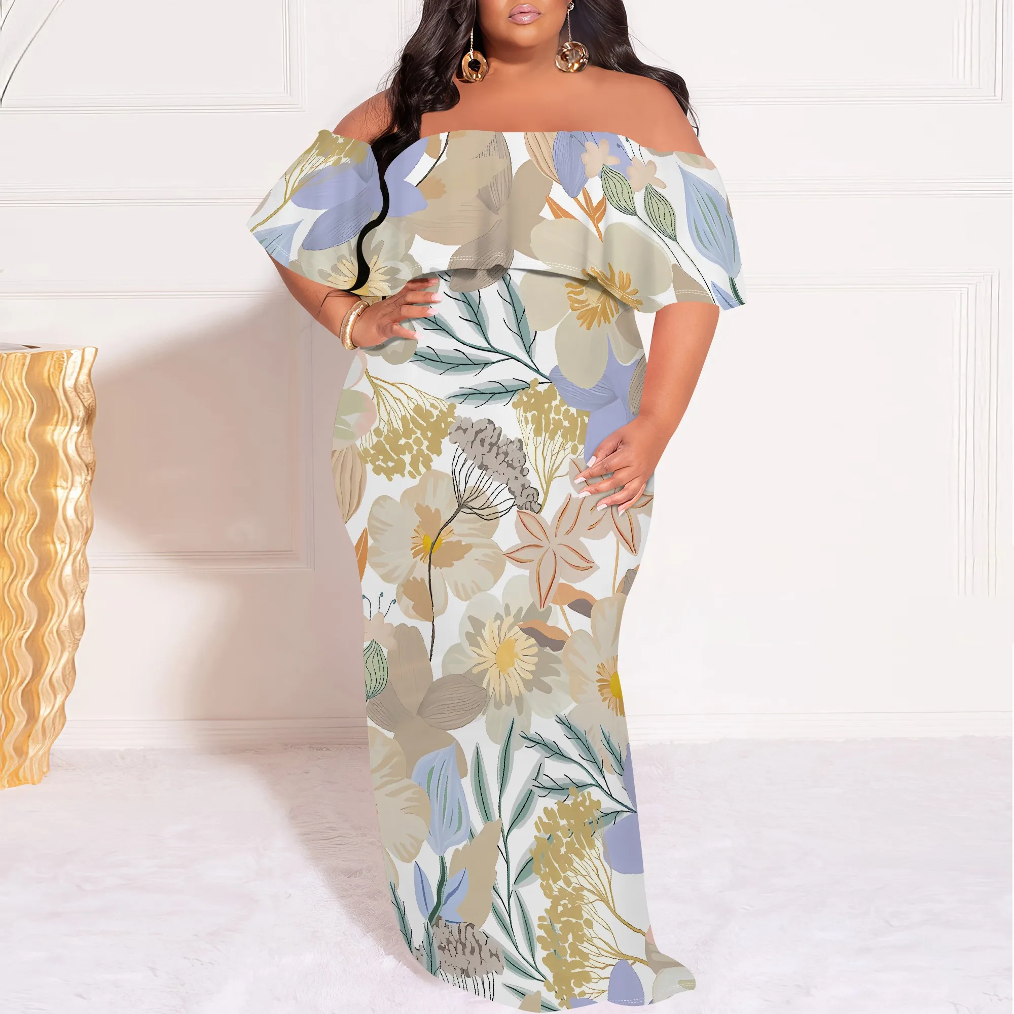 Plus Size Off Shoulder Soft Floral Maxi Dress for Women Spring Picnic Outfit