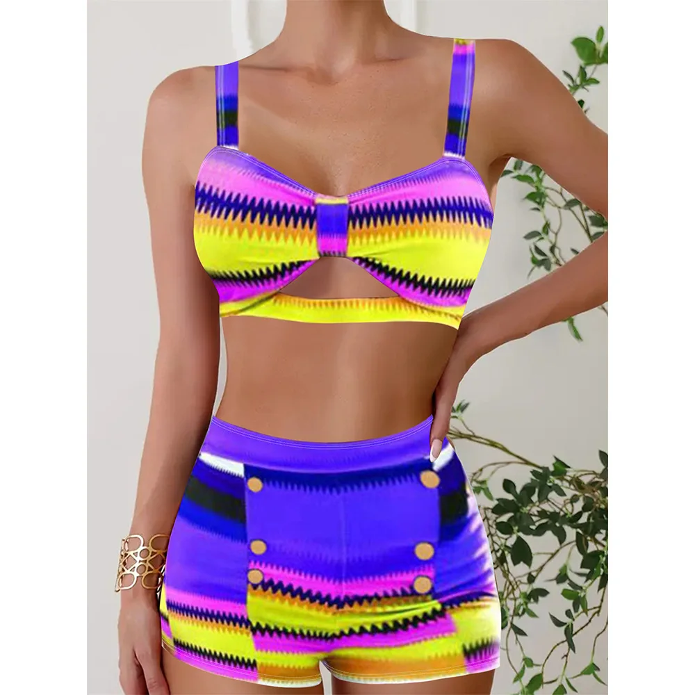 Women's Printed Bikini Set High Waist Square Leg Swimwear Summer Two Piece Shorts Set Holiday Beach Outfits Bathing Suit Clothes