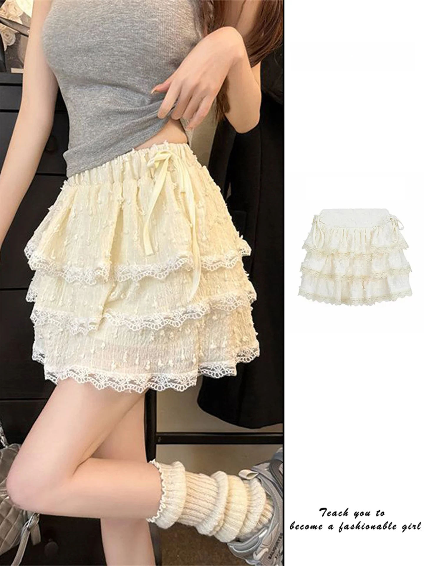 Sweet And Spicy Yellow Puffy Half Skirt Women's Spring Summer Design Beautiful Lace   Cake Skirt High Waist A-Line