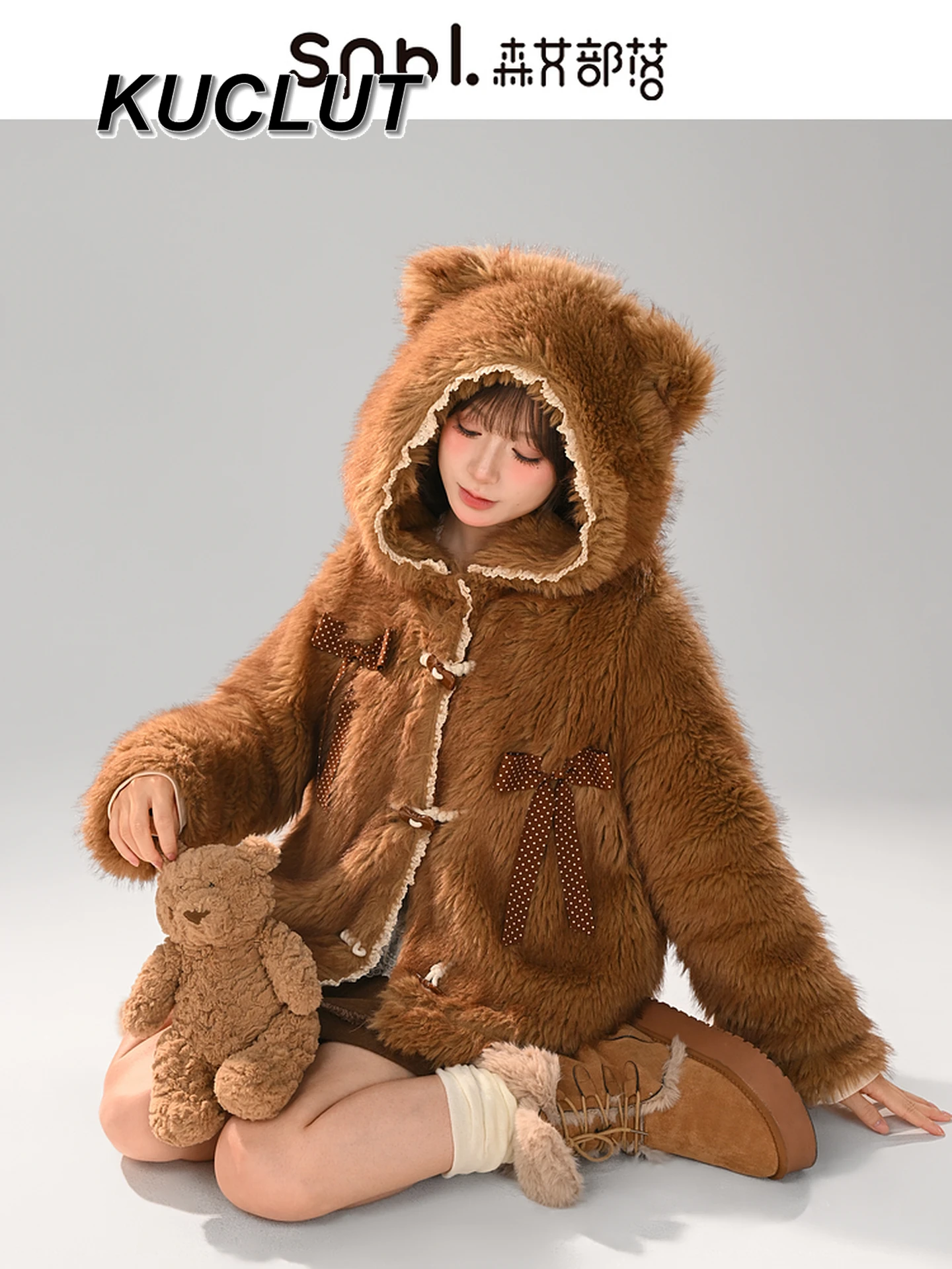 

Sweet and Cute Casual Jacket Design Bear Ear Hooded Plush Coats for Women New Loose Versatile Fleece-Lined Coat Winter