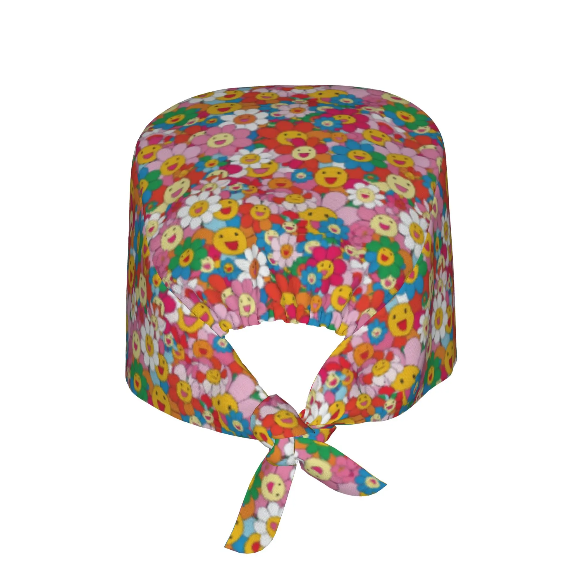 Large Happy Face Daisies   Medical Staff Scrubs Hat Men Women Rainbow Flower Parade  For Chef Hat Scrub Caps