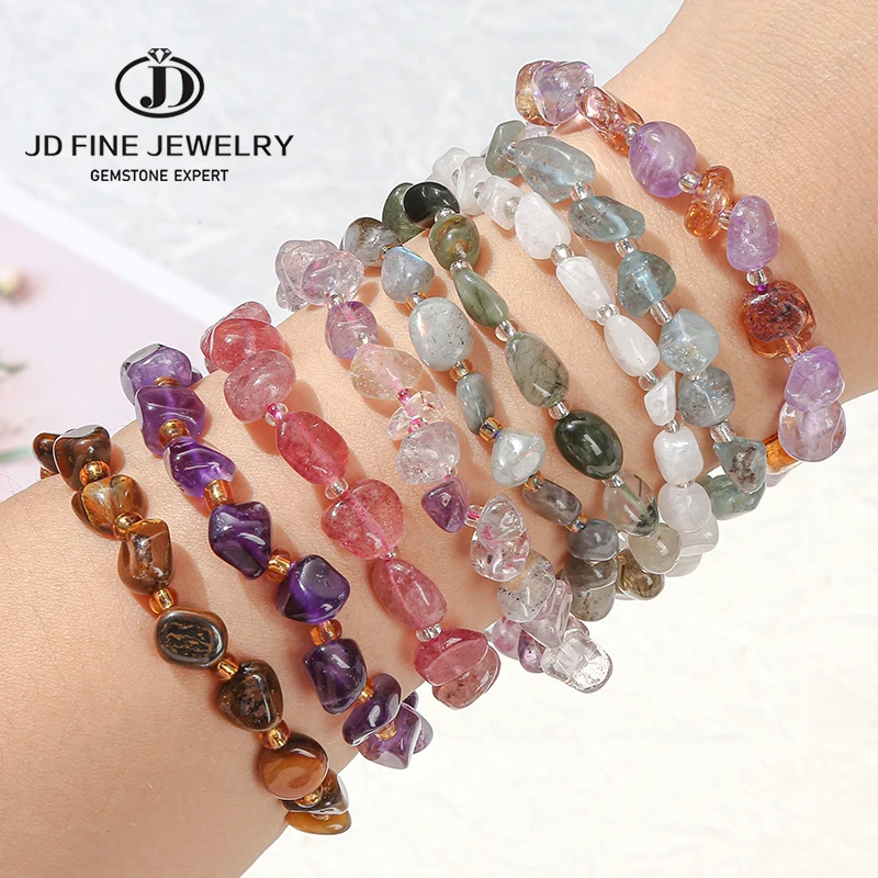 JD Natural Stone Irregular Gravel Quartz Amethyest Bead Bracelet Women Reiki Healing Polished Handmade Stretch Bracelet Jewelry