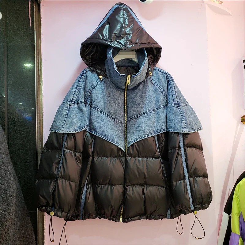 winter fashion denim patchwork 2023 down jacket for women hooded loose thick warm down parka female puffer coat streetwear