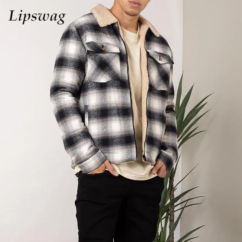 

Vintage Mens Plaid Textured Jackets Fleece Lining Turn-down Collar Zipper Coats For Men Fall Winter Stylish Fleece Liner Jacket
