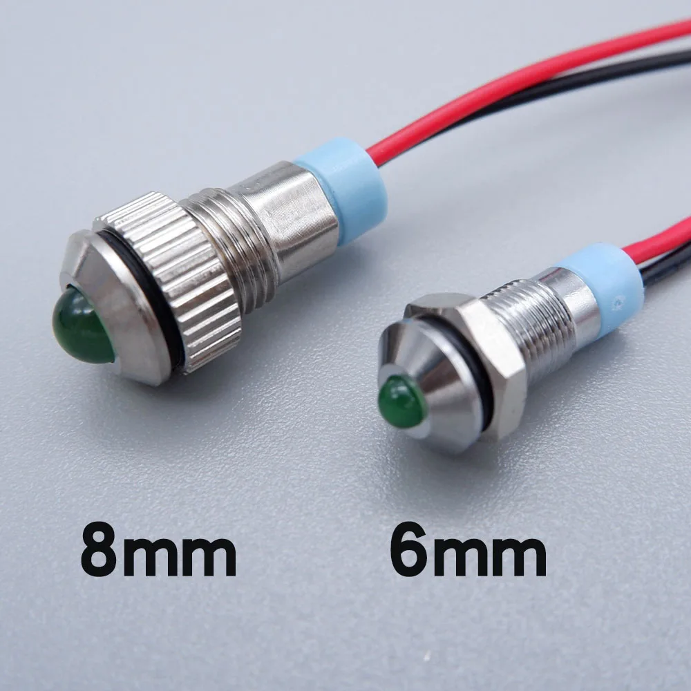 6mm 8mm Metal Indicator Light LED Warning Light Supply Alarm Signal Lamp Pilot With Wires 5V 12V 220V Ball Head Red Blue Green