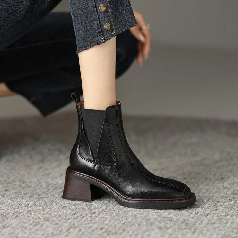 women\'s fashion chelsea boots black brown original leather shoes high heels autumn winter boot business office dress ankle botas