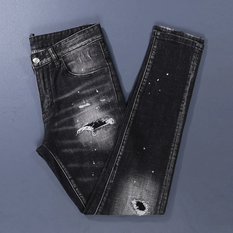 

High Street Fashion Designer Men Jeans Retro Black Gray Stretch Slim Fit Patched Ripped Jeans Men Brand Y2K Vintage Denim Pants