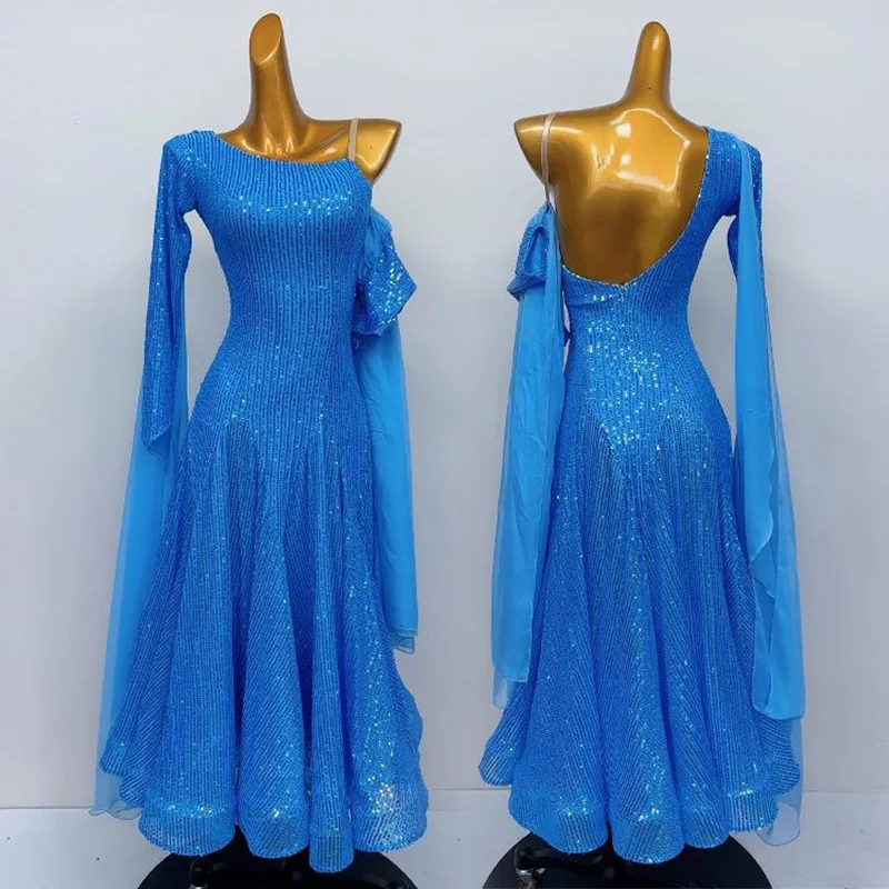 

Синее платье для бальных танцев, женская одежда для соревнований по вальсу, стандартная танцевальная сценическая одежда с одним рукавом, длинные платья с блестками и пайетками 2552