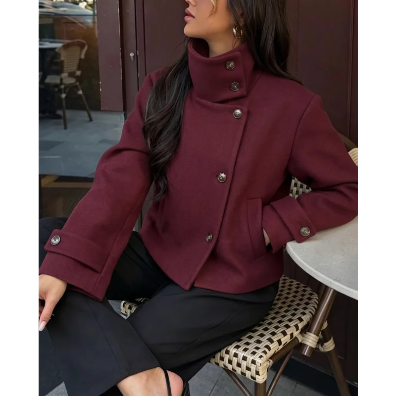 2026 Neuankömmling Damen Einfarbiger Mantel Langarm Knopfverschluss Stehkragen Oberbekleidung Tägliche Pendlermode Schicke Damenjacke – Detail 12