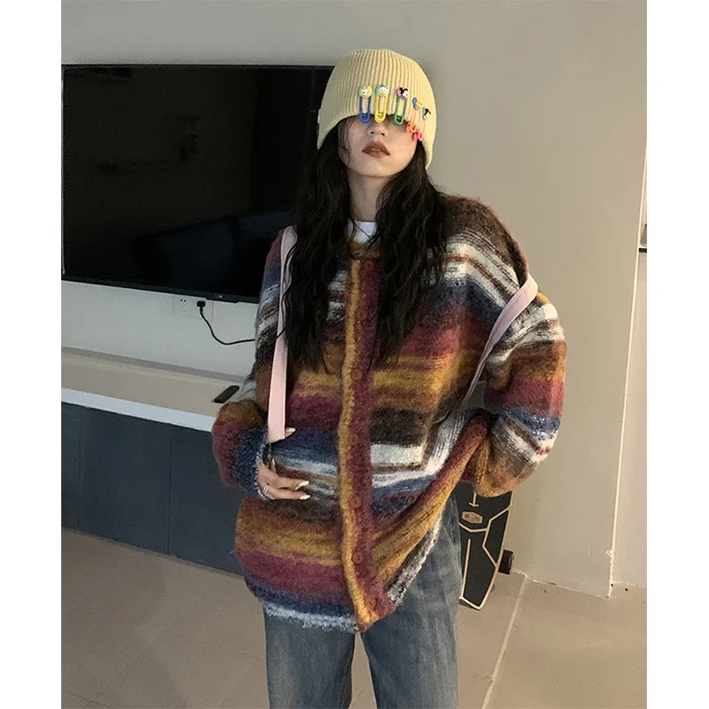 Vintage Striped Knitted Cardigan Women Streetwear Gradient Sweater Coat Harajuku Plus Size Knitwear Korean Patchwork Jumper Tops