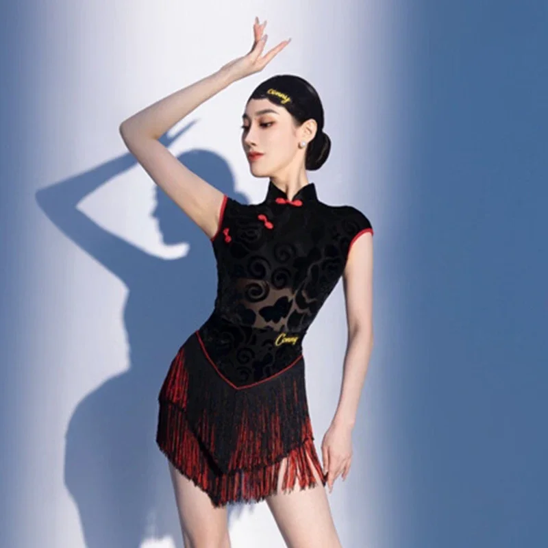 

Latin Dance Costume Women Ballroom Dance Dress Chinese Style Dancing Split Set Latin Training Clothes Adult Samba Wear
