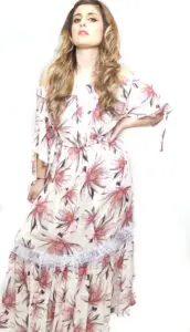 Women's dress with wedding guest bardot neckline. Long dress on sale, floral print, viscose fabric