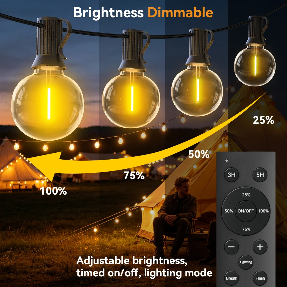 Guirlande lumineuse LED G40 pour extérieur, 102 pieds (60 pieds), basse tension (DC24V), lumières de patio avec télécommande, ampoules incassables, étanche IP44, pour Noël, fête, jardin, cour, décoration