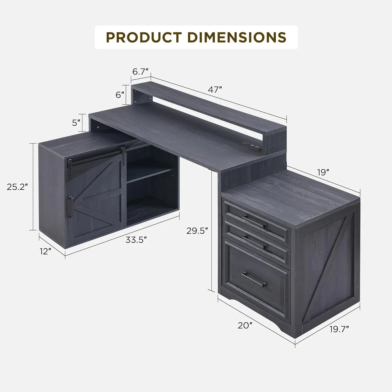 JXQTLINGMU computer desk with power supply and storage cabinet, file drawer, game desk with monitor stand and charging station