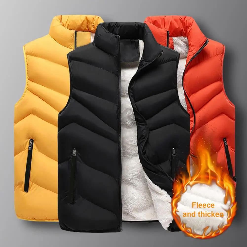 Men Cotton Waistcoat Stand Collar Sleeveless Solid Color Cotton Vest Coat with Pockets Elastic Drawstring Hem Zipper Placket Plu